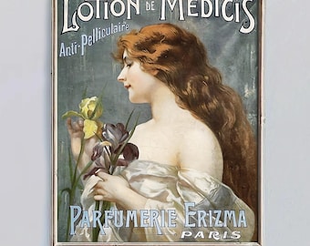 May include: Vintage framed advertisement for "Lotion de Medicis" with a woman holding flowers. The artwork features a woman with long auburn hair and a cream-colored dress. The text includes "Parfumerie Erizma Paris."