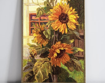 Vintage Sunflower Printable Wall Art, Impressionist Floral Oil Painting Digital Download, Cottagecore Farmhouse Print, Yellow Flower Decor