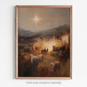 Impressionistic Nativity Scene Print, Three Wise Men and The Star of Bethleham, Holiday Nativity  Download, Rustic Christmas Decor Printable