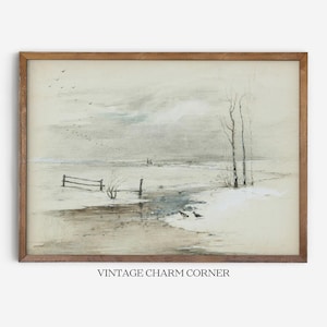 Serene Winter Landscape Painting, Tranquil Snowy Scene with Bare Trees and Birds, Cozy Wall Decor in Muted Blues and Browns,Digital Download