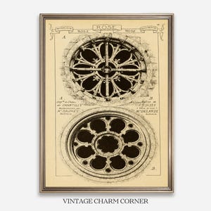 May include: Framed vintage print with architectural drawings of rose windows. The black and white artwork shows detailed line drawings of circular designs. The print includes French text and is set against a cream background. The frame is silver.