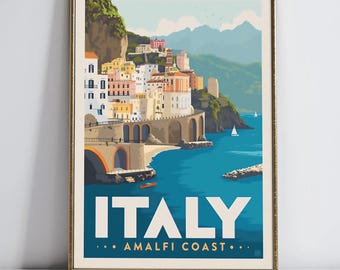 Vintage Amalfi Coast Travel Poster Italy Digital Download Coastal Wall Art Retro Mediterranean Print Italian Riviera Decor Instant Art