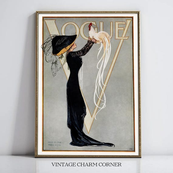Vintage Vogue Cover 1910 Woman With Rooster Illustration Art Deco Style Digital Download Printable Wall Art Vintage Fashion Home Decor