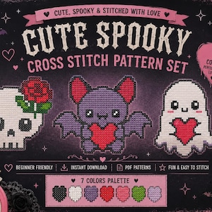 Può includere: Un set di schemi per punto croce con tre disegni: un teschio bianco con una rosa rossa, un pipistrello viola che tiene un cuore rosso e un fantasma bianco che tiene un cuore rosso. Il testo recita CUTE SPOOKY CROSS STITCH PATTERN SET.