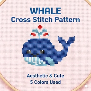Può includere: Un modello a punto croce con una balena blu con un design decorativo. Il testo "WHALE Cross Stitch Pattern" è sopra la balena, con "Aesthetic & Cute 5 Colors Used" sotto.