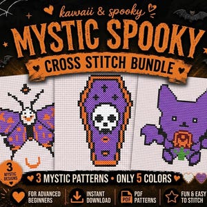 Può includere: Un set per punto croce con tre motivi: una falena viola e arancione, una bara viola con un teschio bianco e un pipistrello viola che tiene una rosa arancione. Il testo recita: kawaii & spooky MYSTIC SPOOKY CROSS STITCH BUNDLE.