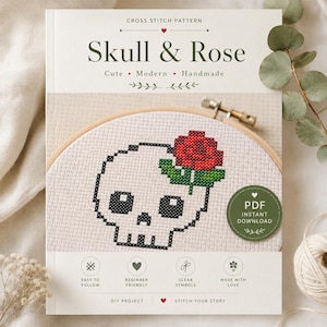 Patrón de punto de cruz de calavera gótica linda en PDF, gráfico de bordado de calavera gótica kawaii y rosa, punto de aguja estilo academia oscura, bordado pequeño de Halloween.