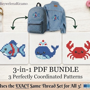 Puede incluir: Un paquete de 3 patrones PDF de punto de cruz que incluye un pez azul, una ballena azul y un cangrejo rojo. Los diseños aparecen bordados en una mochila azul y una chaqueta vaquera, con el texto 3-in-1 PDF BUNDLE 3 Perfectly Coordinated Patterns.