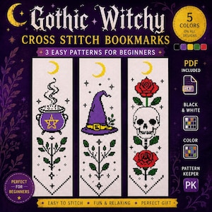 Può includere: Tre schemi per segnalibri a punto croce con una mezzaluna gialla, un calderone viola fumante, un cappello da strega viola, un teschio bianco e rose rosse con foglie verdi. Il testo recita Gothic Witchy Cross Stitch Bookmarks.
