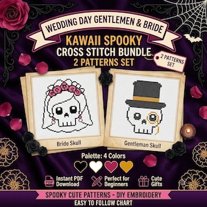 Gothic Wedding Skulls Cross Stitch Pattern PDF, Bride and Groom Skull Xstitch Chart, Halloween Skeleton Couple, Pattern Keeper.