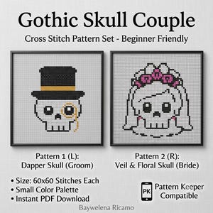 Gothic Wedding Skulls Cross Stitch Pattern PDF, Bride and Groom Skull Xstitch Chart, Halloween Skeleton Couple, Pattern Keeper.