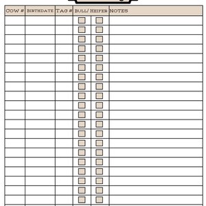 May include: A tan and white "Calf Log" form with a decorative border. The form includes columns for cow number, birthdate, tag number, bull/heifer, and notes. Checkboxes are present for bull/heifer identification.