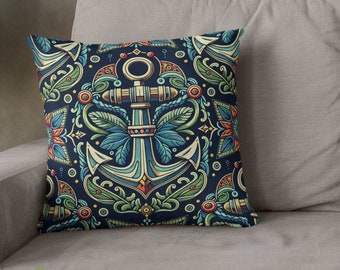 Sea Inspired Anchor Pillow - Coastal Decor Gift - Sofa Cover with Leaf Design - Perfect Gift for Sea Lovers