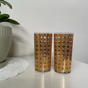 2 Gold Highball Glasses - Cannella Glasses by Culver - Gold Mid-Century Modern Tumblers - Vintage Gold Water Glasses