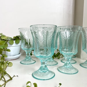 7 Vintage Teal Green Water Goblets  - Vintage Green Goblets - Recollection Green (Teal) by Indiana Glass