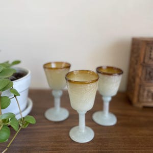 3 Amber Cordial Glasses  - Frosty Bubble Amber Glasses - Amber White Wine Glasses