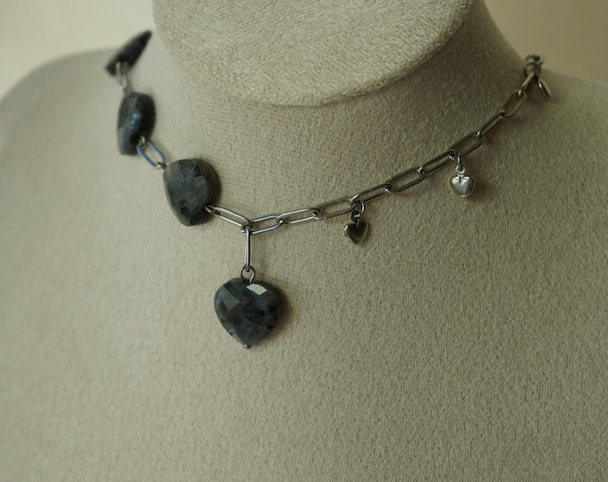 Featured listing image: Labradorite Heart Necklace, Chunky Chain Choker, Gemstone Heart Necklace, Gift for Her, Statement Jewelry
