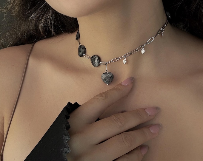 Featured listing image: Faceted Labradorite Heart Choker Necklace, Stainless Steel Chain Jewelry, Unique Gift for Her, Gray Gemstone Necklace, Statement Choker