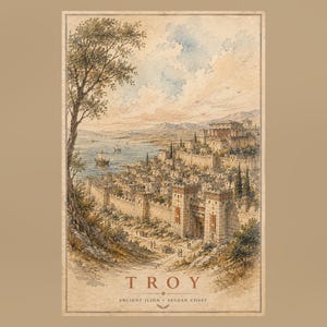 Ancient Troy Wall Art, Iliad Cityscape Poster, Historical Literary Print, Digital Download