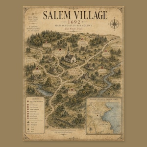 Op de afbeelding: Een kaart in vintage-stijl van Salem Village, 1692, Massachusetts Bay Colony. De sepia-kleurige print bevat een gedetailleerde illustratie van het dorp, een centraal ontmoetingshuis, genummerde locaties, een legenda en een kaart van de kustregio.