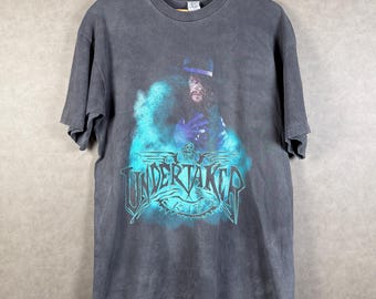 Vintage 1995 WWF Undertaker Rest In Peace T-Shirt, Titan Sports Official Wrestling Tee, Faded Black Purple, Single Stitch Sleeves, Large