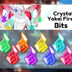 May include: Eight colorful crystal yokai fire bits in various colors, including green, orange, yellow, blue, red, and pink. The bits are shaped like a flame with a swirl design. The text "Crystal Yokai Fire Bits" is displayed above the bits.