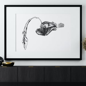 May include: A black and white illustration of a deep sea anglerfish with a long, thin appendage extending from its head. The illustration is framed in a black frame and hanging on a white wall above a black cabinet with gold accents.