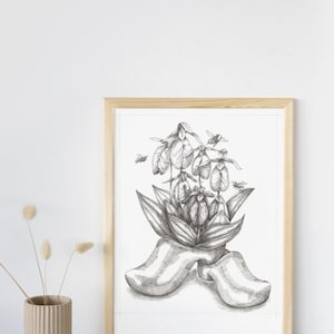 May include: A black and white pencil drawing of a bouquet of flowers in a pair of wooden clogs. The flowers are stylized and resemble lady slippers. Bees are flying around the flowers.