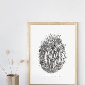 May include: A black and white illustration of a frog in a wetland environment. The image is framed in a light wood frame and has the text "Protect the Wetlands" at the bottom.