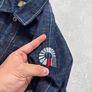 Może przedstawiać: Granatowa kurtka dżinsowa z czerwonymi i białymi przeszyciami. Posiada haftowane logo na rękawie. Kurtka ma zapięcie na guziki i klasyczny kołnierz.