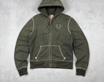 Vintage True Religion Full Zip Hoodie Big-T Khaki Washed Destroyed Rap Y2k
