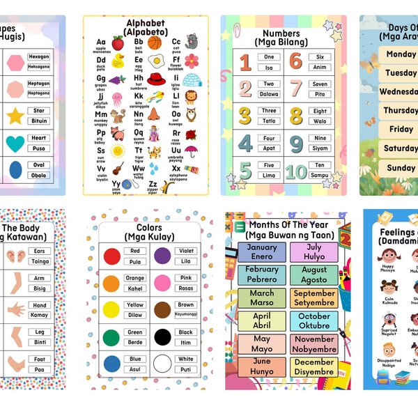 English-Filipino Basic Word Translation Printables - Learning Basic Tagalog Words for Kids