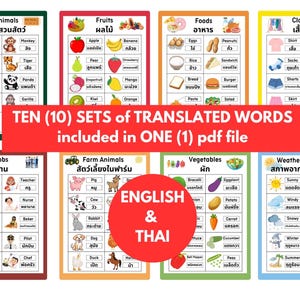 Pode incluir: Dez tabelas coloridas com traduções em inglês e tailandês de palavras para várias categorias, incluindo animais do zoológico, frutas, alimentos, roupas, empregos, animais de fazenda, vegetais e clima/estações. As tabelas são projetadas para aprender e ensinar.
