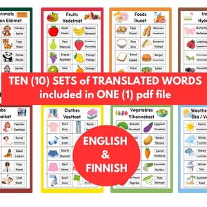 May include: Ten sets of flashcards with English and Finnish translations of various words. The sets include zoo animals, fruits, foods, insects, jobs, clothes, vegetables, and weather/seasons. Each set has a colorful background and illustrations.