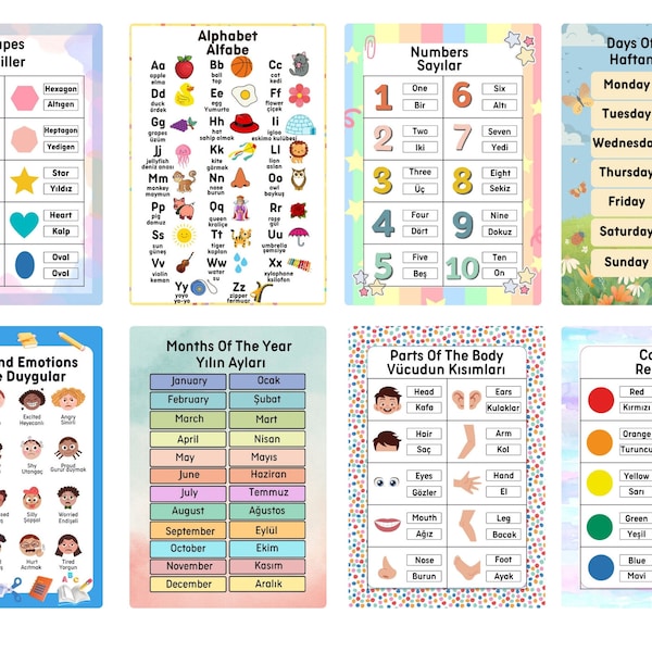 English-Turkish Basic Word Translation Printables - Learning Basic Words for Kids