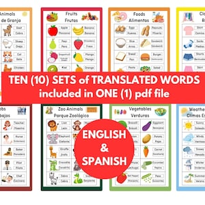 English-Spanish Words (Part 2) - Translation Printables [Other sets and languages available in my listing]