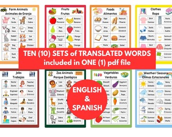 English-Spanish Words Printables [Animals, Foods, Fruits, Vegetables]