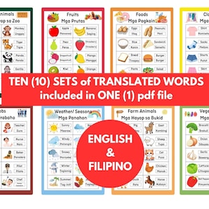 English-Filipino Words (Part 2)- Translation Printables [Other sets and languages available in my listing]