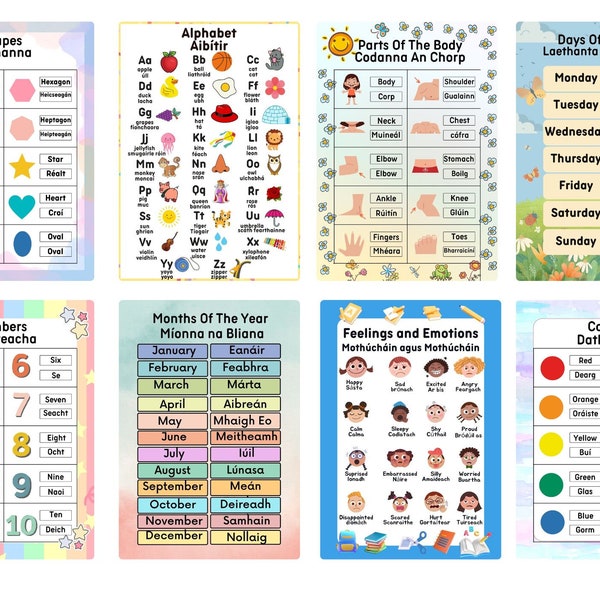 English-Irish Basic Word Translation Printables - Learning Basic Words for Kids