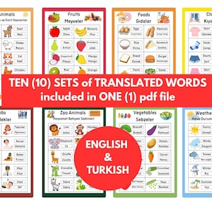 Engels-Turkse woorden (deel 2) - afdrukbare vertalingen [Andere sets en talen beschikbaar in mijn listing]