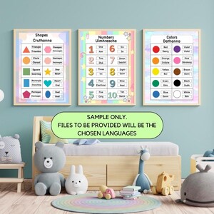 May include: Three colorful educational posters with a rainbow background. The first poster shows shapes with their names in English and Irish. The second poster shows numbers 1-10 with their names in English and Irish. The third poster shows colors with their names in English and Irish.