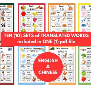 Könnte beinhalten: Lehrreiche PDF-Datei mit zehn Sätzen übersetzter Wörter in Englisch und Chinesisch. Die Sätze umfassen Zootiere, Früchte, Lebensmittel, Kleidung, Berufe, Wetter, Nutztiere und Gemüse. Jeder Satz hat Illustrationen und Wortübersetzungen.