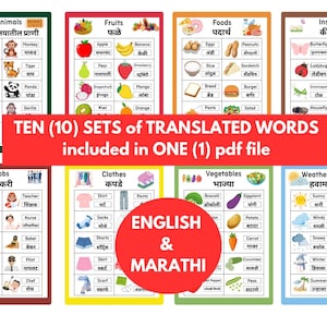 Może przedstawiać: Dziesięć kolorowych tablic z angielskimi i marathi słowami do nauki słownictwa. Tablice obejmują kategorie takie jak zwierzęta ze zoo, owoce, jedzenie, owady, zawody, ubrania, warzywa i pogoda/sezon.