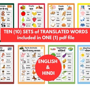 English-Hindi Basic Words (Part 2) - Translation Printables [Other sets and languages available in my listing]