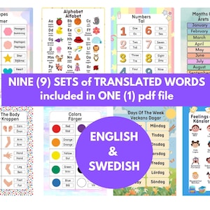 English and Swedish Words - Learning Multiple Languages / 9 Printables for Kids