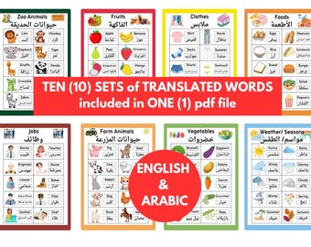 Puede incluir: Diez carteles coloridos con traducciones al inglés y al árabe de palabras para diferentes categorías, incluyendo animales del zoológico, frutas, ropa, alimentos, trabajos, animales de granja, verduras y clima/estaciones. Los carteles están diseñados para el aprendizaje y la enseñanza.