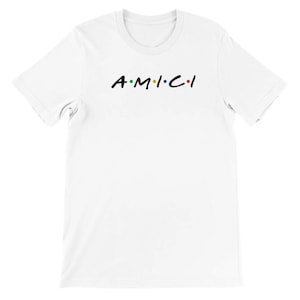 May include: White t-shirt with the word "A.M.I.C.I." printed in black with colorful dots.