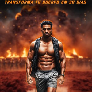 May include: A man with a muscular physique, wearing a black vest and grey shorts, stands before a fiery backdrop. The image includes the text "IMPERIO ESTELAR" and "TRANSFORMA TU CUERPO EN 30 DIAS" in white and orange. The brand "ASTROS" is also visible.