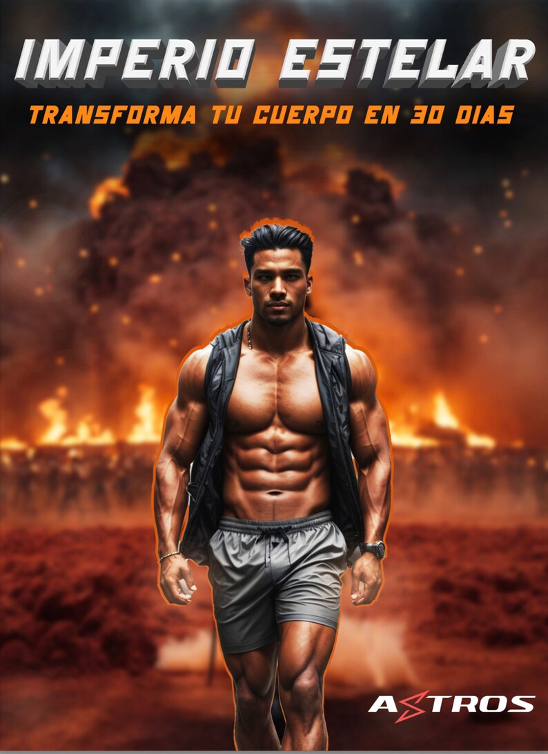 May include: A man with a muscular physique, wearing a black vest and grey shorts, stands before a fiery backdrop. The image includes the text "IMPERIO ESTELAR" and "TRANSFORMA TU CUERPO EN 30 DIAS" in white and orange. The brand "ASTROS" is also visible.