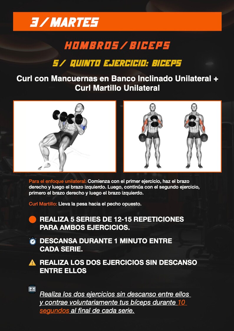 May include: An infographic detailing a biceps workout routine. The image shows illustrations of exercises with dumbbells, including incline curls and hammer curls. Text instructions are provided in Spanish, with details on sets, reps, and rest periods.